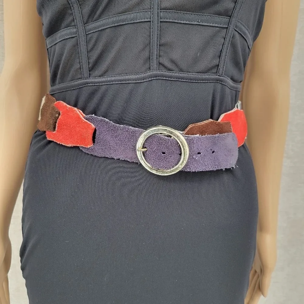 Vintage Multi Color Suede Link Belt with Silver Toned Buckle Brown Red Purple